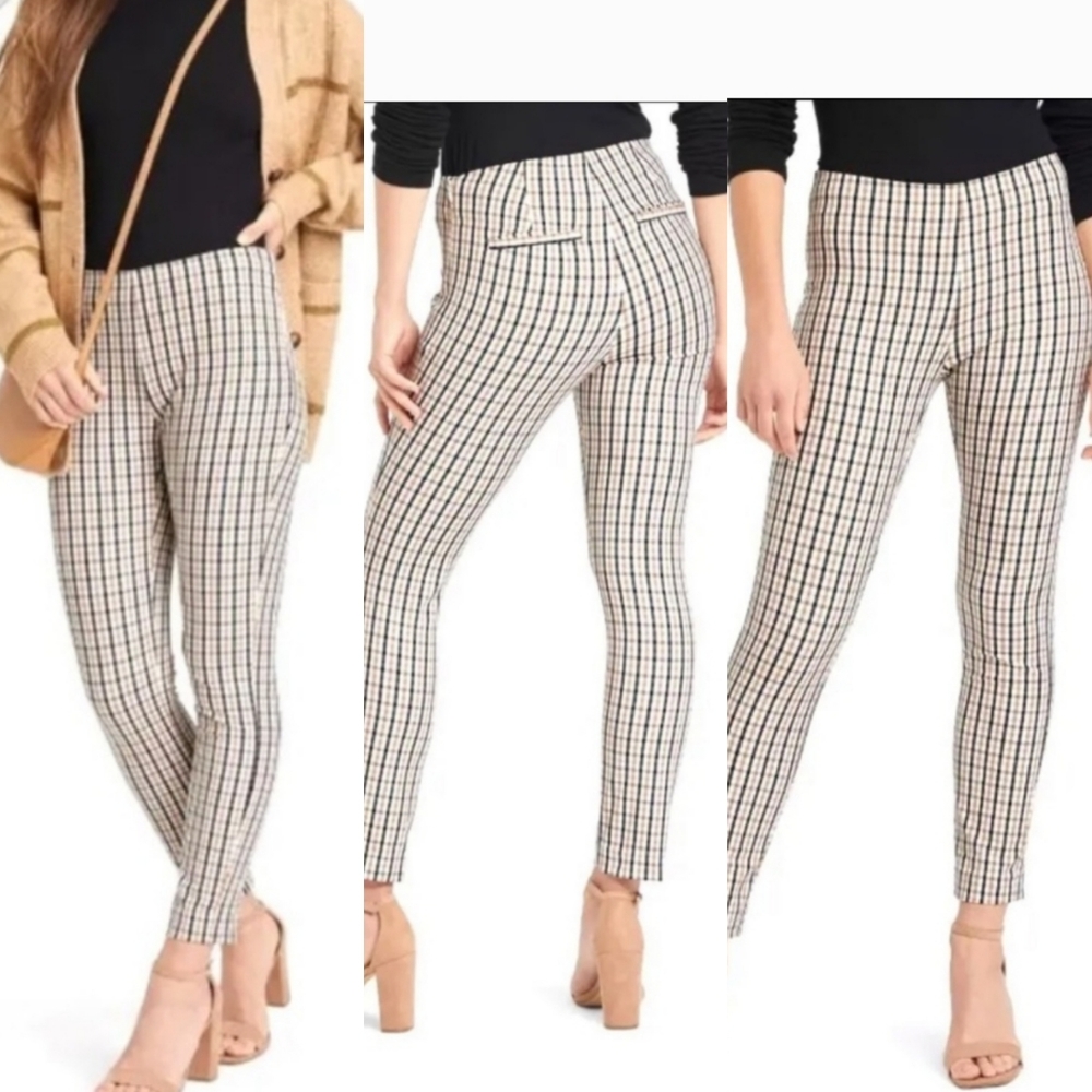 A New Day Skinny Ankle Pants Tan Plaid Stretch High Rise Womens 14